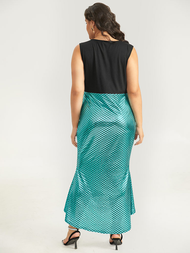Plus Size Halloween Sequin Patchwork Split Hem Sleeveless Dress Black Women Party Patchwork V-neck Sleeveless Curvy Midi Dress BloomChic 14-16/1X 