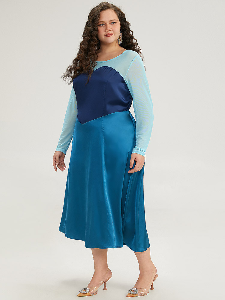 Plus Size Halloween Contrast Patchwork Mesh Dress Aegean Women Elegant See through Round Neck Long Sleeve Curvy Midi Dress BloomChic 10/M 