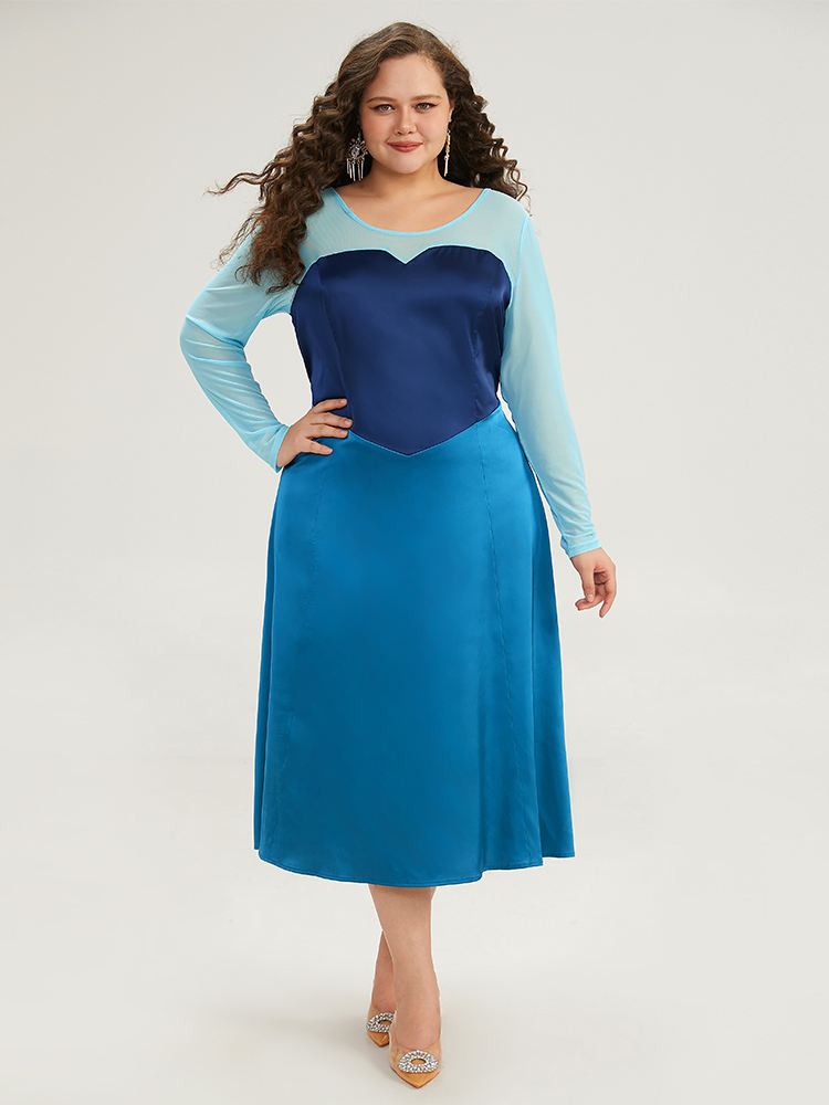 Plus Size Halloween Contrast Patchwork Mesh Dress Aegean Women Elegant See through Round Neck Long Sleeve Curvy Midi Dress BloomChic 10/M 