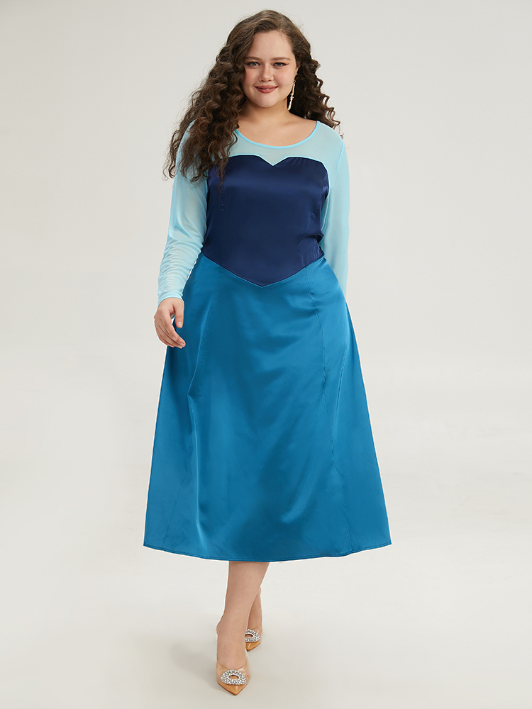 Plus Size Halloween Contrast Patchwork Mesh Dress Aegean Women Elegant See through Round Neck Long Sleeve Curvy Midi Dress BloomChic 10/M 