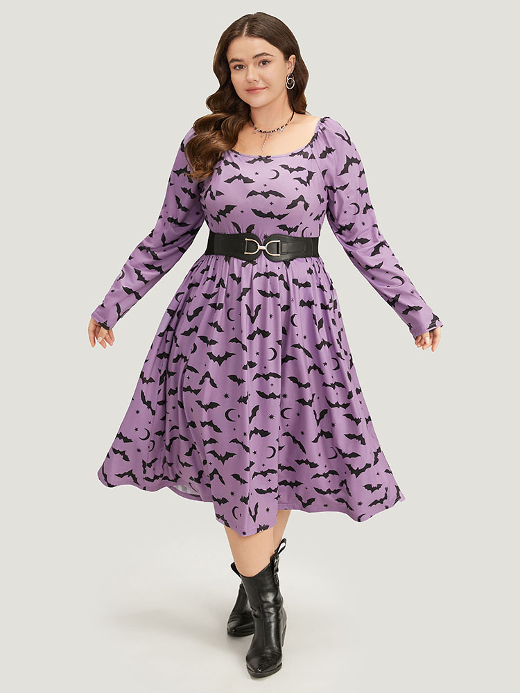 

Plus Size Halloween Bat Print Pocket Square Neck Dress Mauve Women Casual Gathered Square Neck Long Sleeve Curvy Midi Dress BloomChic