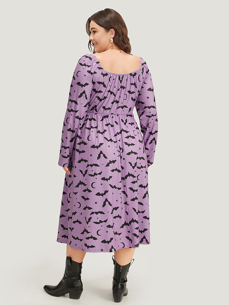 

Plus Size Halloween Bat Print Pocket Square Neck Dress Mauve Women Casual Gathered Square Neck Long Sleeve Curvy Midi Dress BloomChic