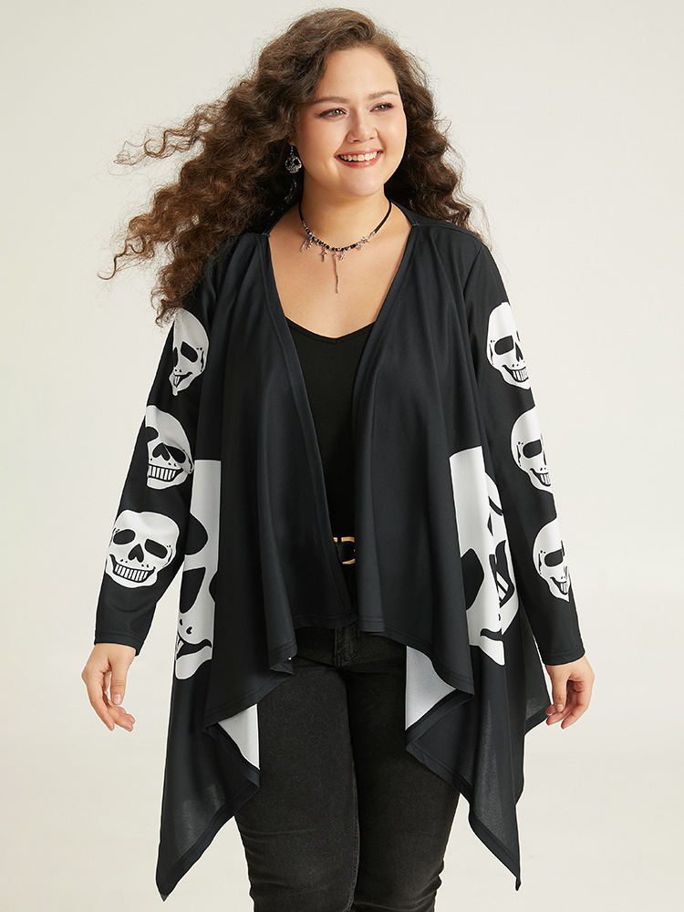 

Plus Size Halloween Skull Print Asymmetrical Hem Drape Kimono Women Black Casual Drape Loose Dailywear Kimonos BloomChic