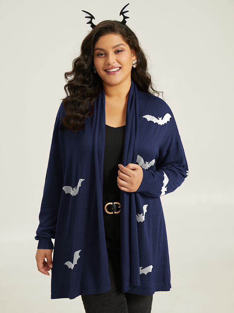 

Plus Size Supersoft Essentials Halloween Bat Pattern Lapel Collar Cardigan Indigo Women Casual Loose Long Sleeve Festival-Halloween Cardigans BloomChic