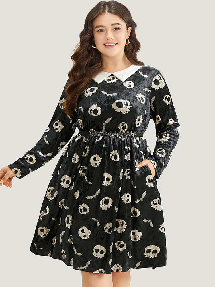 

Plus Size Halloween Velvet Skull Print Elastic Waist Dress Black Women Casual Printed Round Neck Long Sleeve Curvy Knee Dress BloomChic