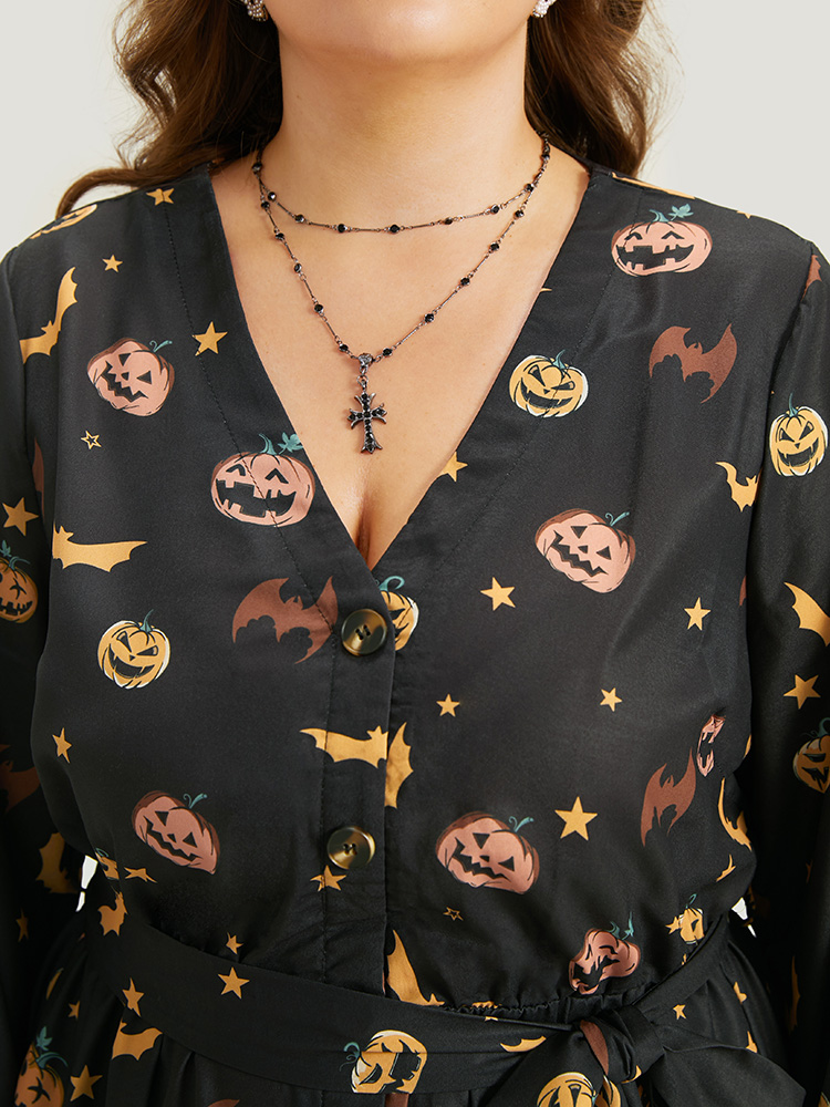 

Plus Size Halloween Lantern Sleeve Belted Dress Black Women Casual Belted V-neck Long Sleeve Curvy Midi Dress BloomChic