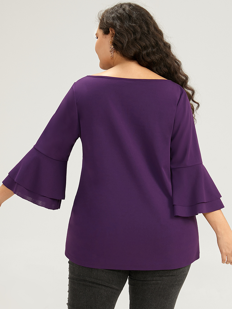 

Plus Size Halloween Solid Flutter Trim Tiered T-shirt Purple Round Neck Elbow-length sleeve Elegant Jersey Tops