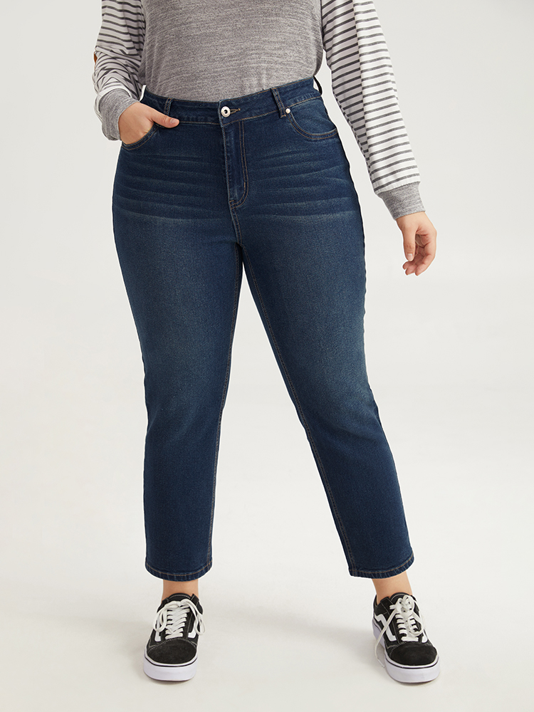 

Plus Size Plain Medium Wash Straight Leg Jeans Women Midnight Casual Plain Plain High stretch Pocket Jeans BloomChic