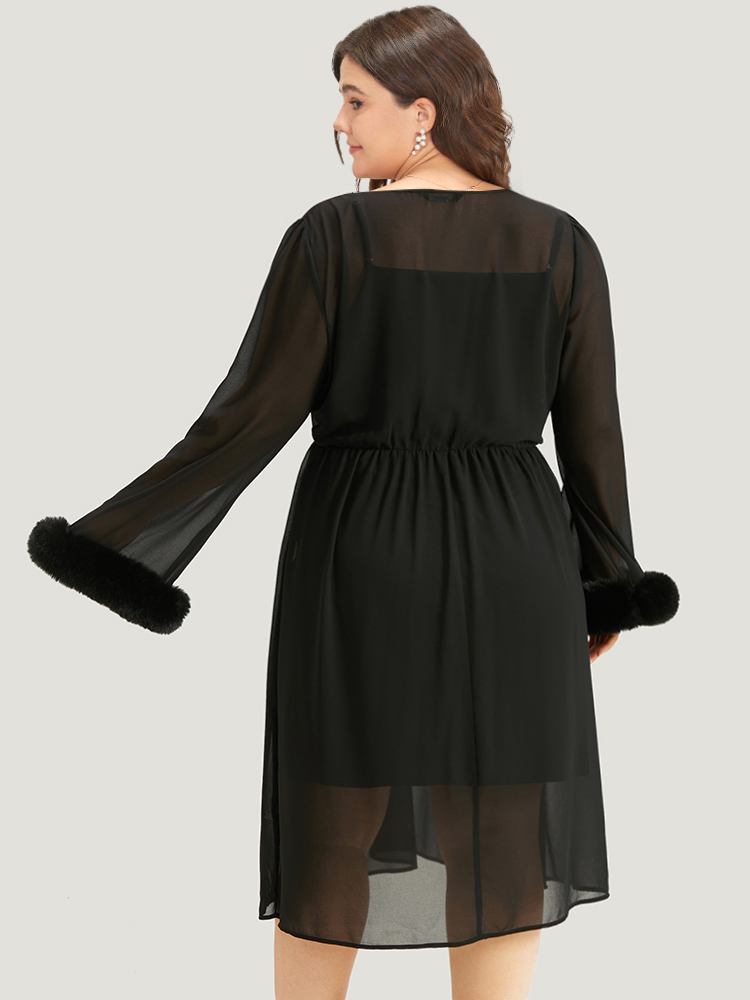 

Plus Size Halloween Patchwork Chiffon Mesh Button Up Fuzzy Trim Dress Black Women Elegant Plain V-neck Long Sleeve Curvy Midi Dress BloomChic