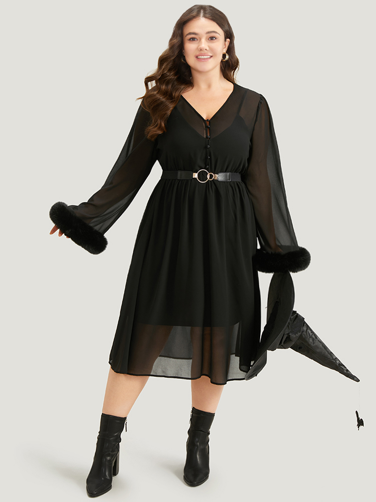 BloomChic Women's Plus Size Halloween Patchwork Chiffon Mesh Button Up Fuzzy Trim Dress Black Festival-Halloween Plain 10/M