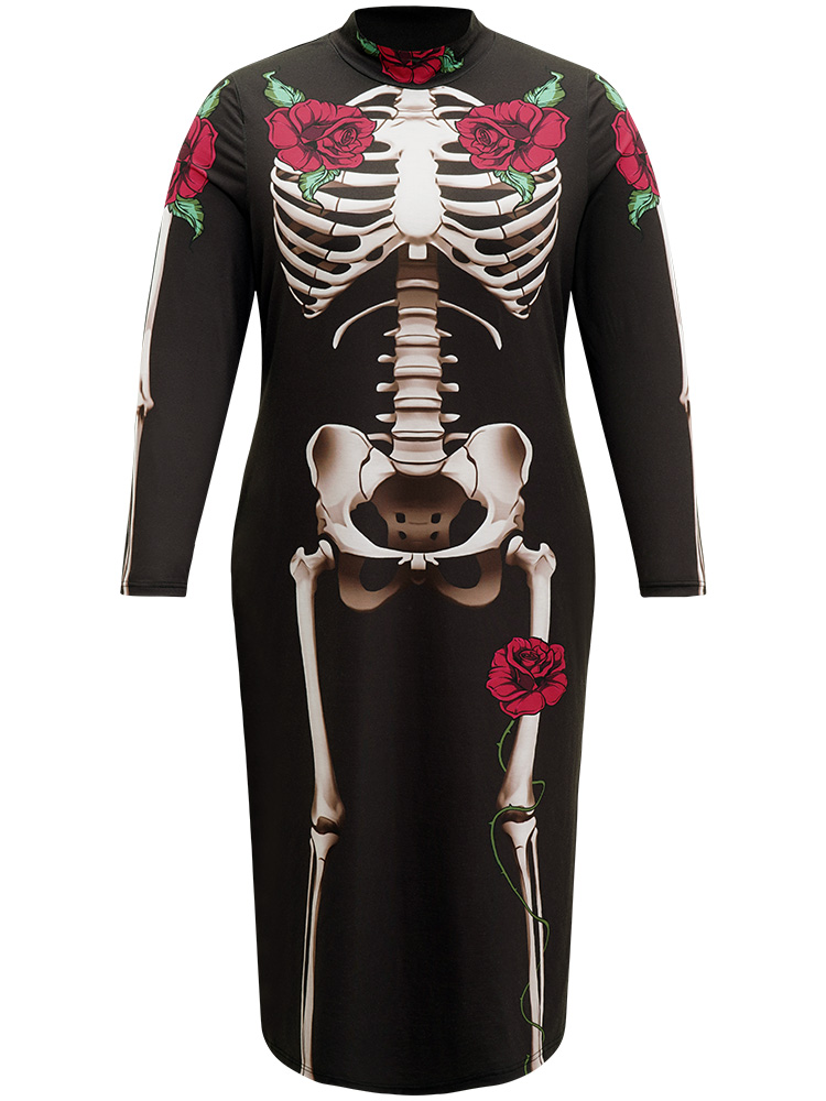 

Plus Size Halloween Mock Neck Skull Print Split Hem Dress Black Women Printed Mock Neck Long Sleeve Curvy Midi Dress BloomChic