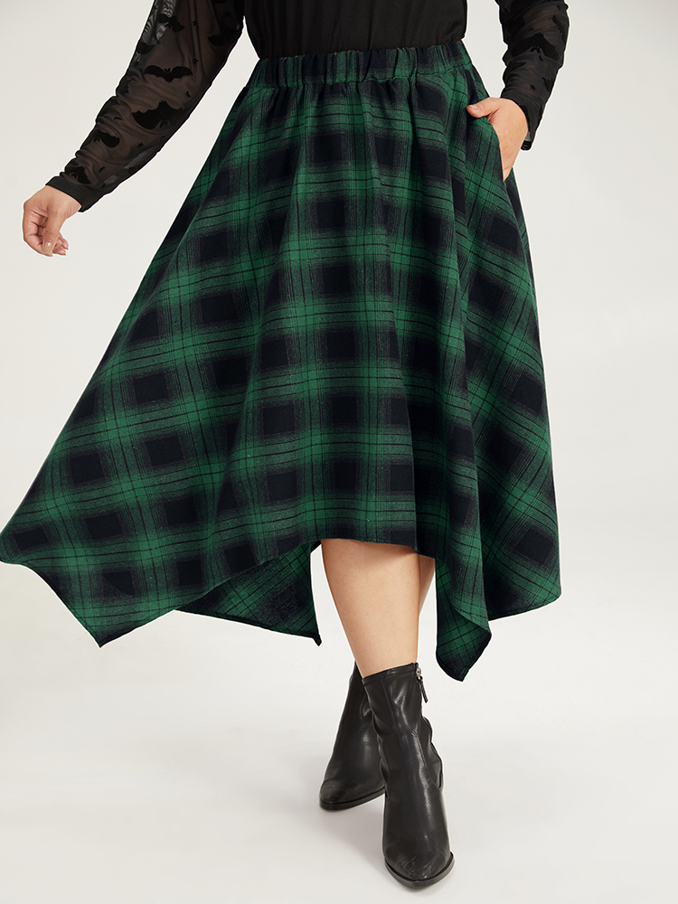 

Halloween Plaid Pocket Hanky Hem Woven Skirt, Darkgreen