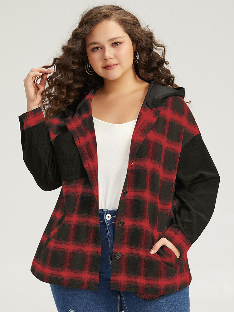 

Plus Size Plaid Hooded Patched Pocket Button Up Patchwork Coat Women Crimson Contrast Pocket Dailywear Jackets BloomChic