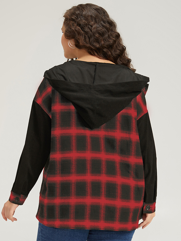 Plus Size Plaid Hooded Patched Pocket Button Up Patchwork Coat Women Crimson Contrast Pocket Dailywear Jackets BloomChic 28/5X 