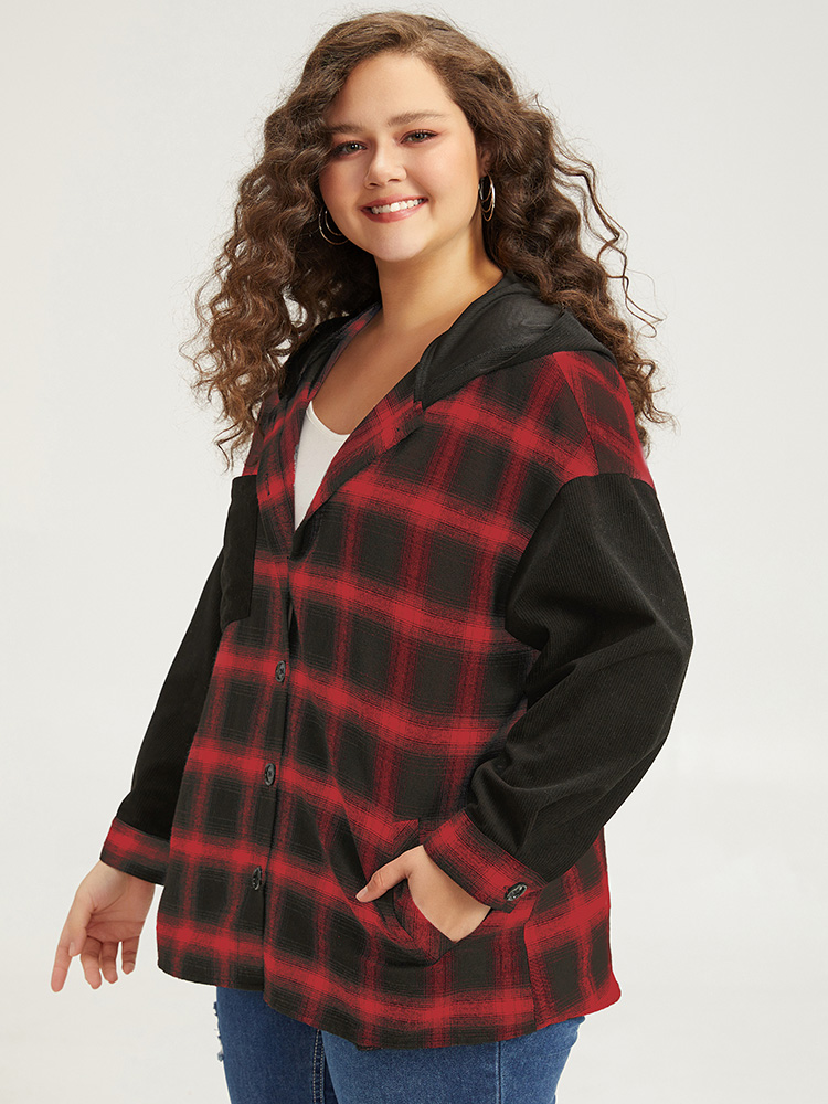 Plus Size Plaid Hooded Patched Pocket Button Up Patchwork Coat Women Crimson Contrast Pocket Dailywear Jackets BloomChic 28/5X 