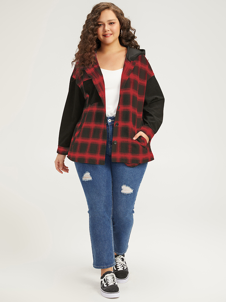 Plus Size Plaid Hooded Patched Pocket Button Up Patchwork Coat Women Crimson Contrast Pocket Dailywear Jackets BloomChic 28/5X 