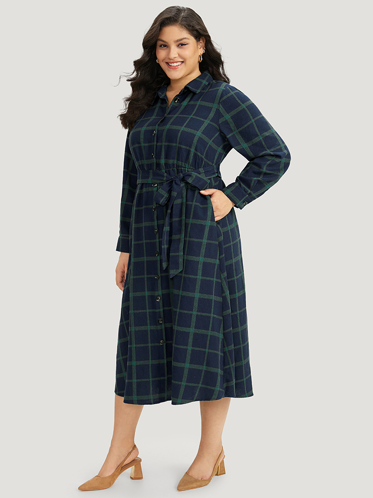 Plus Size Plaid Shirt Collar Button Fly Belted Dress Blue Women Office Belted Shirt collar Long Sleeve Curvy Midi Dress BloomChic 14-16/1X 