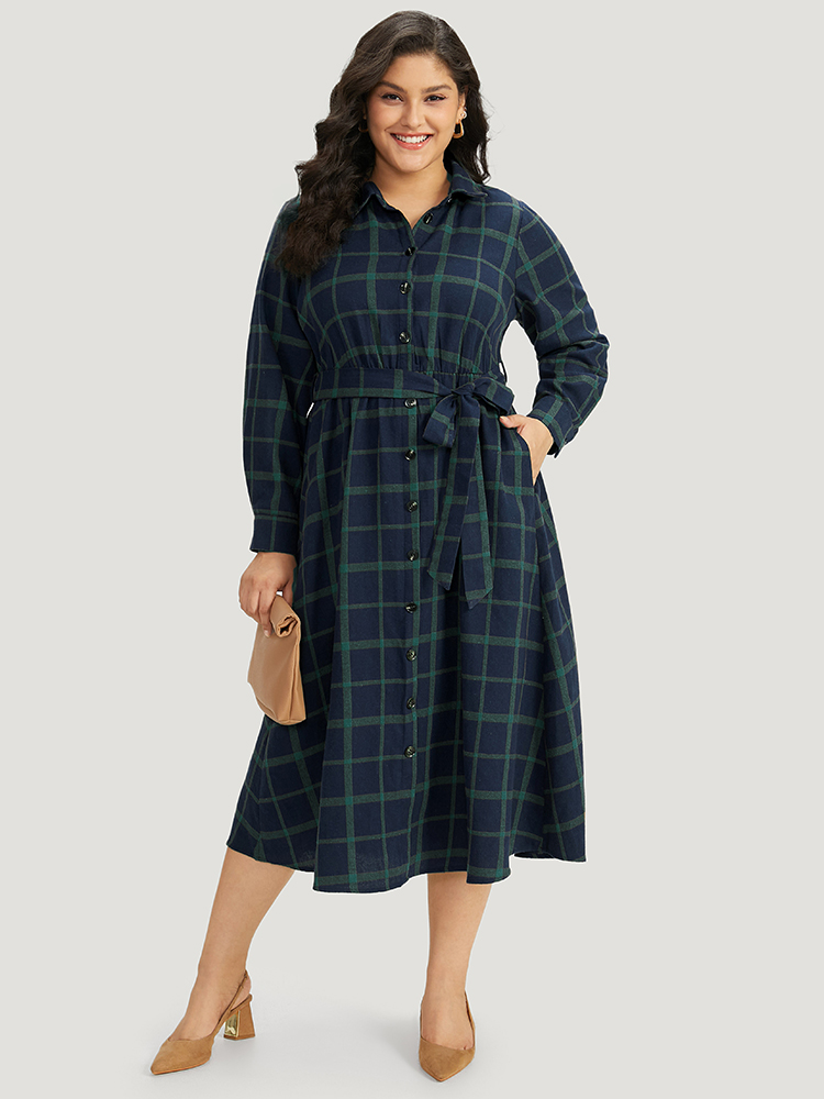 Plus Size Plaid Shirt Collar Button Fly Belted Dress Blue Women Office Belted Shirt collar Long Sleeve Curvy Midi Dress BloomChic 14-16/1X 