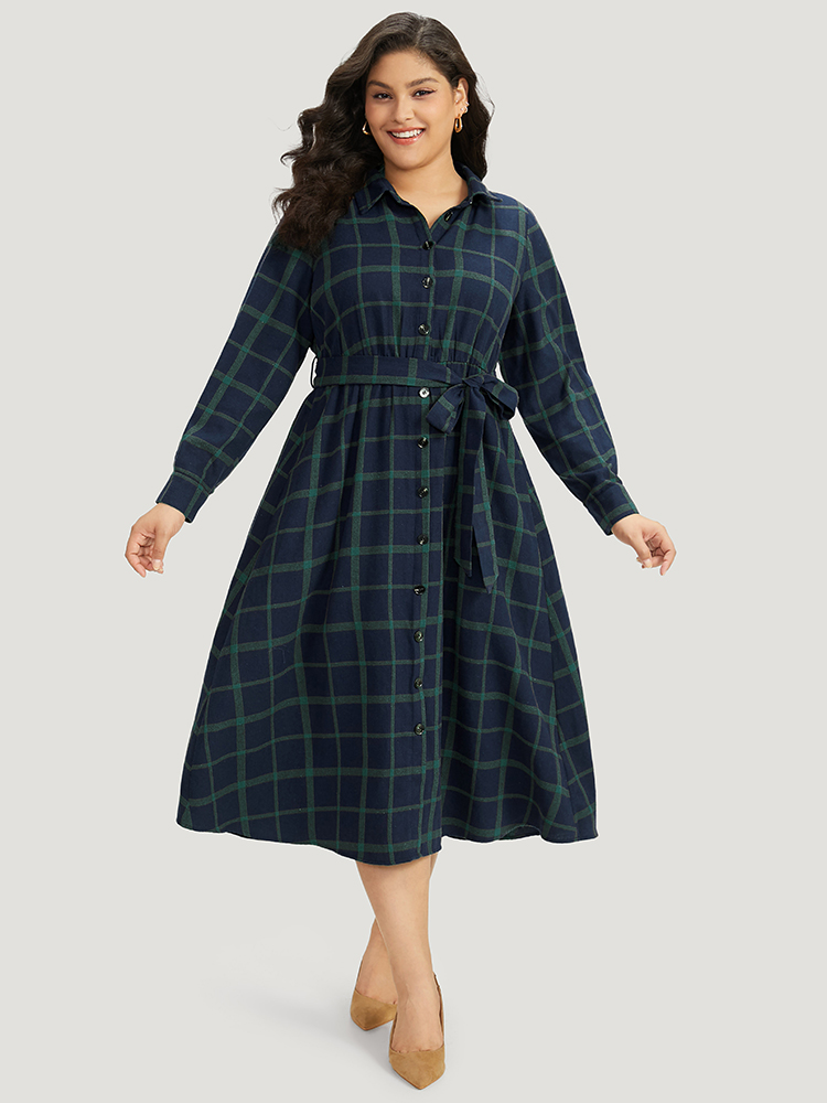 Plus Size Plaid Shirt Collar Button Fly Belted Dress Blue Women Office Belted Shirt collar Long Sleeve Curvy Midi Dress BloomChic 14-16/1X 