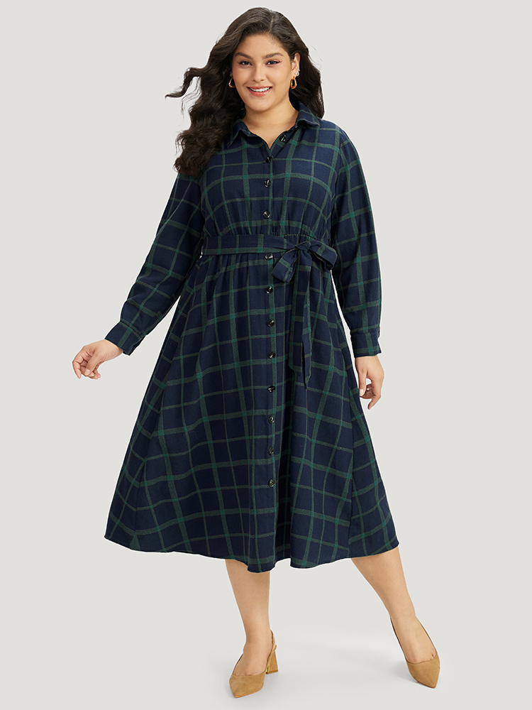 Plus Size Plaid Shirt Collar Button Fly Belted Dress Blue Women Office Belted Shirt collar Long Sleeve Curvy Midi Dress BloomChic 14-16/1X 