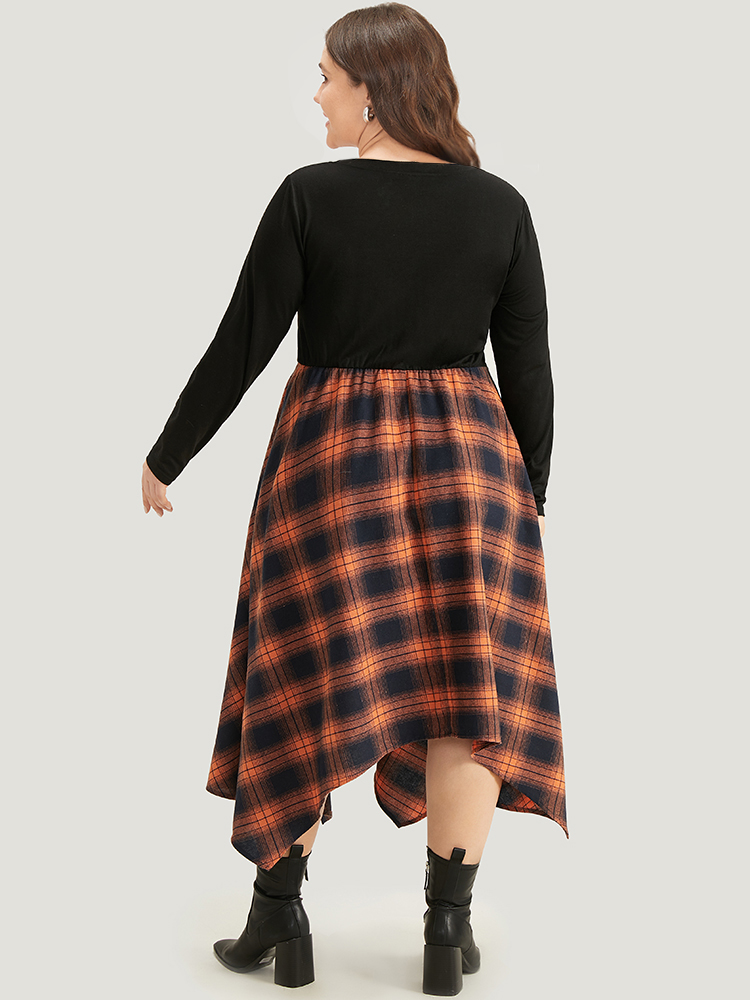 

Plus Size Halloween Plaid Lace Up Pocket Asymmetrical Hem Dress Orange Women Casual Cross straps Round Neck Long Sleeve Curvy Midi Dress BloomChic