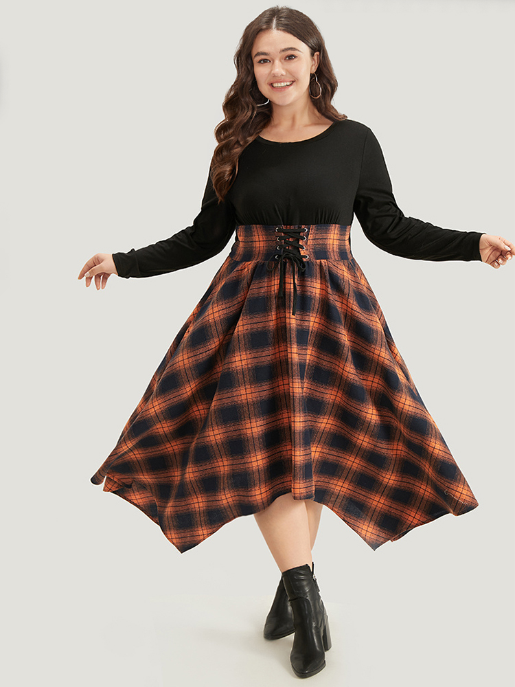 

Plus Size Halloween Plaid Lace Up Pocket Asymmetrical Hem Dress Orange Women Casual Cross straps Round Neck Long Sleeve Curvy Midi Dress BloomChic