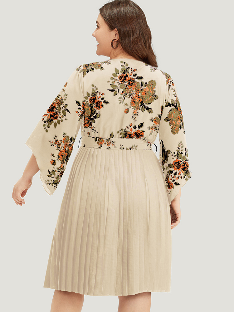 

Plus Size Floral Print Bell Sleeve Belted Pleated Hem Dress Apricot Women Elegant Wrap Overlap Collar Elbow-length sleeve Curvy Knee Dress BloomChic