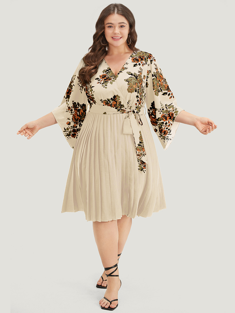 

Plus Size Floral Print Bell Sleeve Belted Pleated Hem Dress Apricot Women Elegant Wrap Overlap Collar Elbow-length sleeve Curvy Knee Dress BloomChic