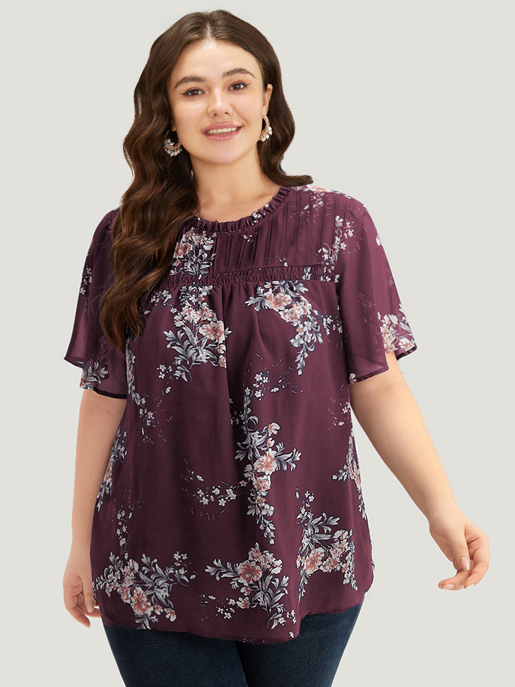 

Plus Size Burgundy Floral Print Frill Trim Shirred Flutter Sleeve Blouse Women Elegant Short sleeve Round Neck Dailywear Blouses BloomChic