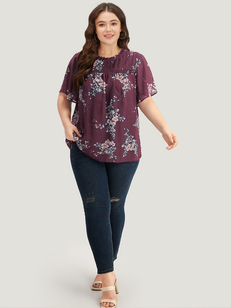 

Plus Size Burgundy Floral Print Frill Trim Shirred Flutter Sleeve Blouse Women Elegant Short sleeve Round Neck Dailywear Blouses BloomChic