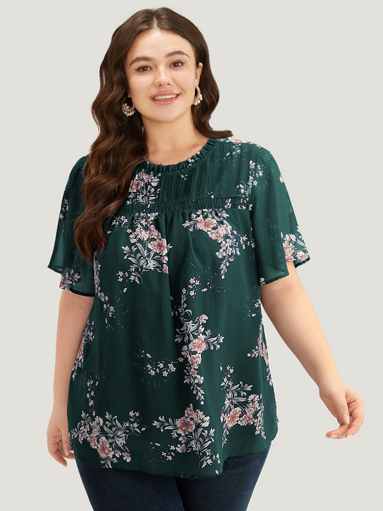 

Plus Size DarkGreen Floral Print Frill Trim Shirred Flutter Sleeve Blouse Women Elegant Short sleeve Round Neck Dailywear Blouses BloomChic