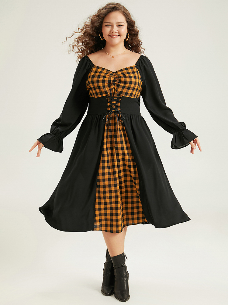 

Plus Size Halloween Gingham Patchwork Ruched Ties Dress Black Women Casual Cross straps Square Neck Long Sleeve Curvy Midi Dress BloomChic