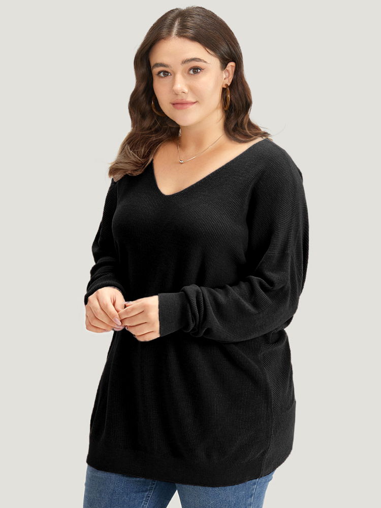 

Plus Size Plain Twist Back Backless Pullover Black Women Casual Loose Long Sleeve V-neck Dailywear Pullovers BloomChic