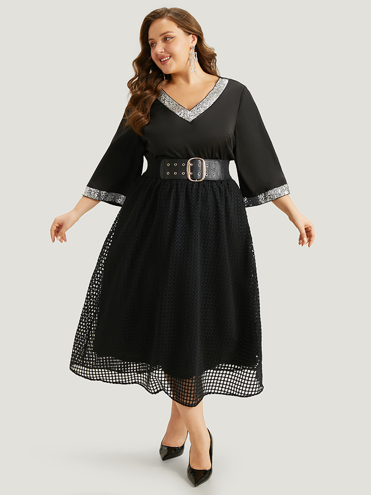 

Halloween Sequin Patchwork V Neck Two-Piece Woven Blouse, Black