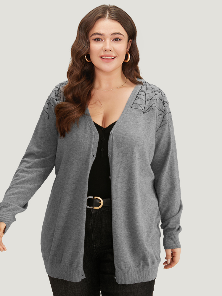 

Plus Size Supersoft Essentials Halloween Spider Web Button Through Cardigan Gray Women Casual Loose Long Sleeve Dailywear Cardigans BloomChic