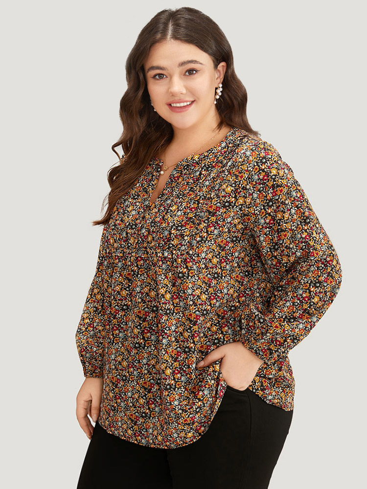 

Plus Size Multicolor Ditsy Floral Notched Frill Trim Blouse Women Elegant Long Sleeve Notched collar Dailywear Blouses BloomChic