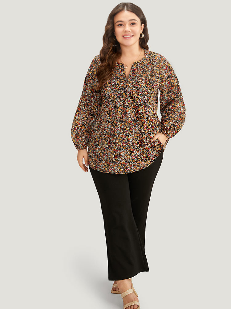 Plus Size Multicolor Ditsy Floral Notched Frill Trim Blouse Women Elegant Long Sleeve Notched collar Dailywear Blouses BloomChic 26/4X 