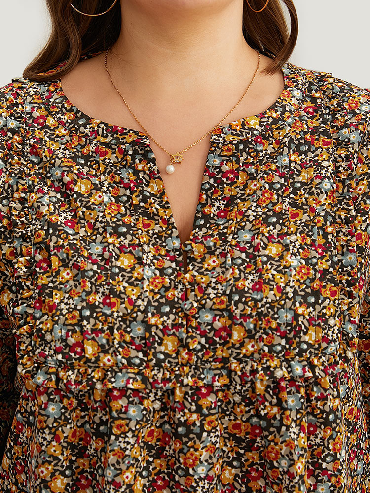 Plus Size Multicolor Ditsy Floral Notched Frill Trim Blouse Women Elegant Long Sleeve Notched collar Dailywear Blouses BloomChic 26/4X 