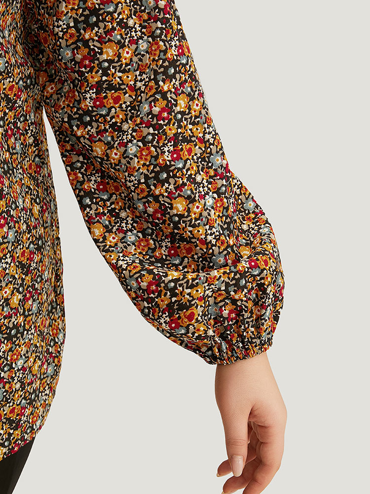 Plus Size Multicolor Ditsy Floral Notched Frill Trim Blouse Women Elegant Long Sleeve Notched collar Dailywear Blouses BloomChic 26/4X 