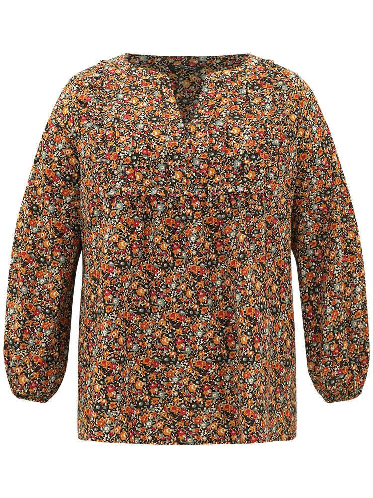 Plus Size Multicolor Ditsy Floral Notched Frill Trim Blouse Women Elegant Long Sleeve Notched collar Dailywear Blouses BloomChic 26/4X 