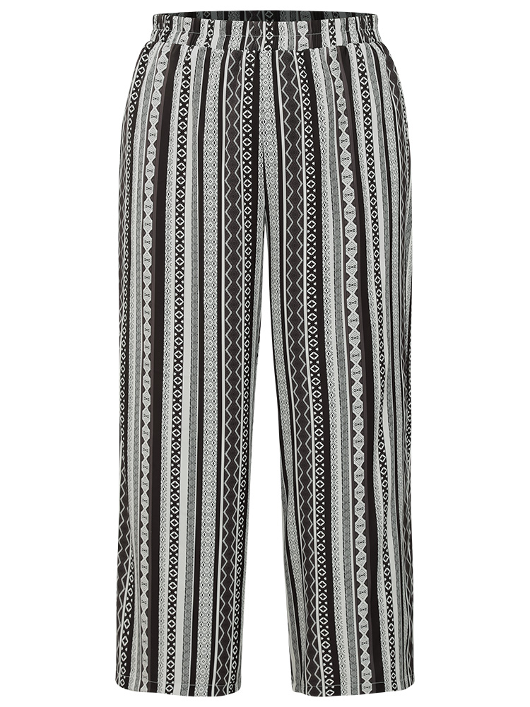 Plus Size Bandana Print Elastic Waist Pocket Pants Women Black Resort Wide Leg High Rise Vacation Pants BloomChic 14-16/1X 