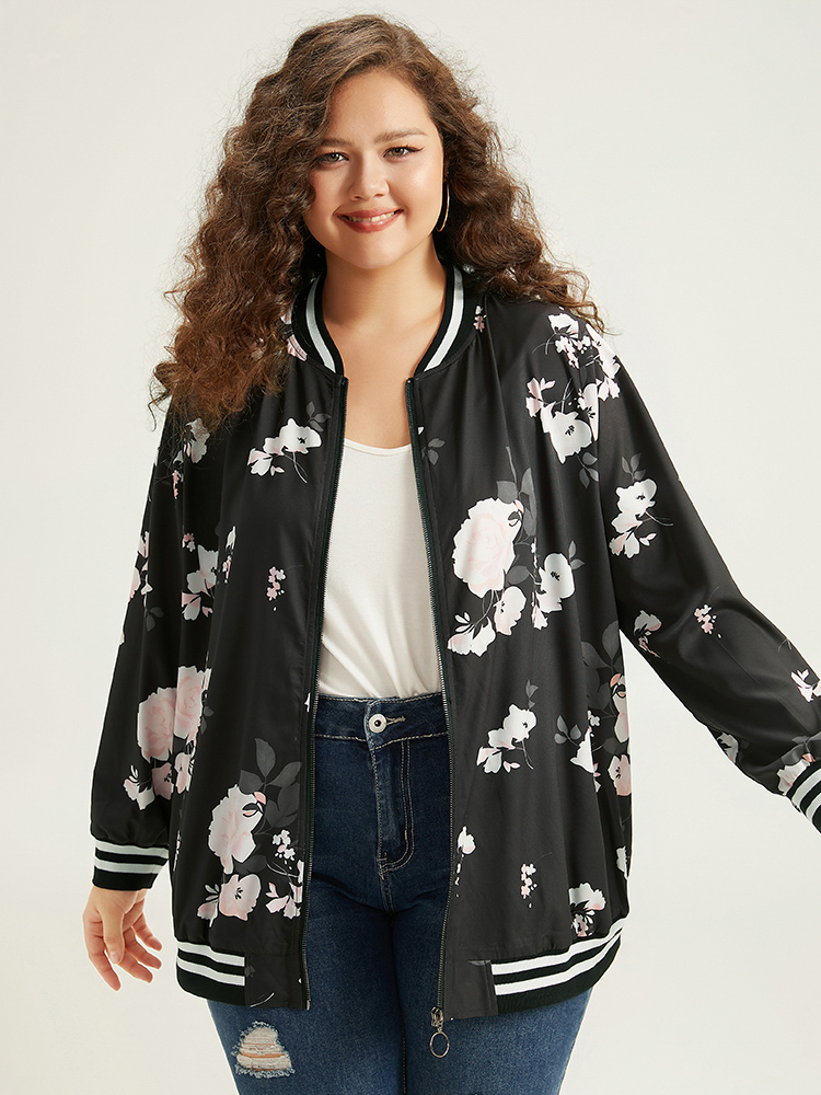 

Plus Size Floral Contrast Trim O Ring Zipper Jacket Women Black Elastic cuffs Dailywear Jackets BloomChic