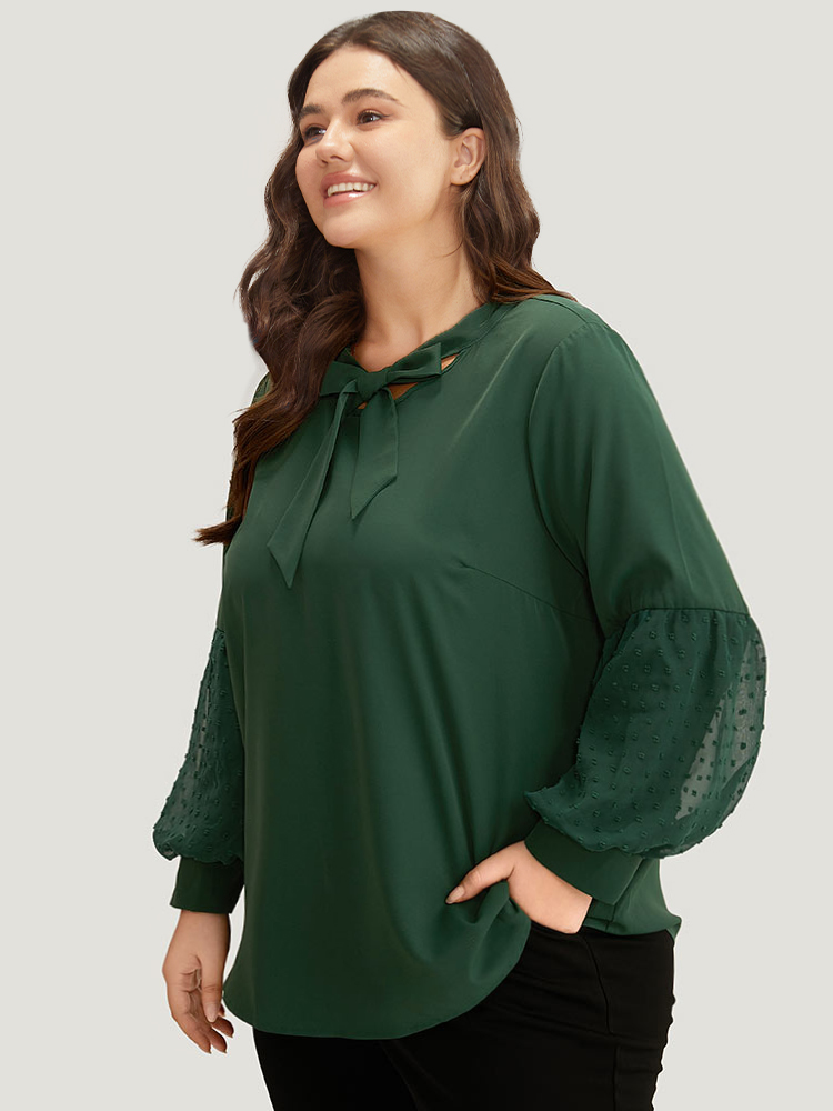 Plus Size Women Work Plain Texture Lantern Sleeve Long Sleeve Tie Neck Office Blouses BloomChic 