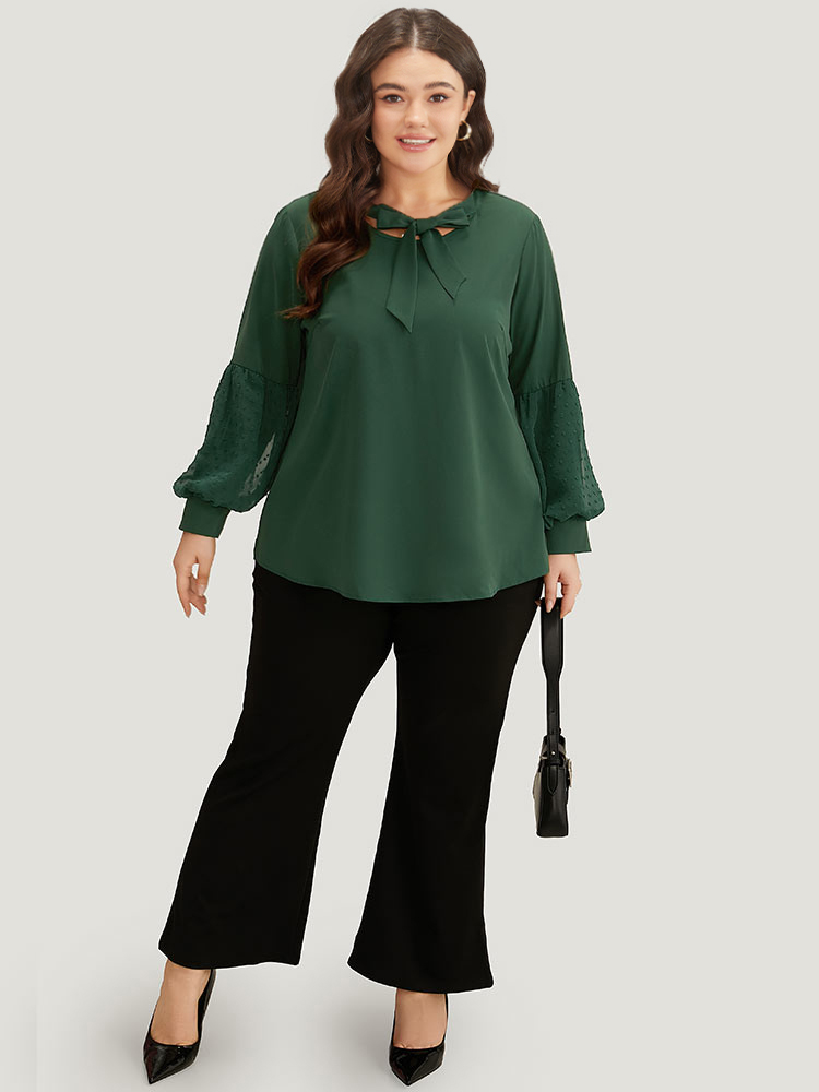 Plus Size Women Work Plain Texture Lantern Sleeve Long Sleeve Tie Neck Office Blouses BloomChic 