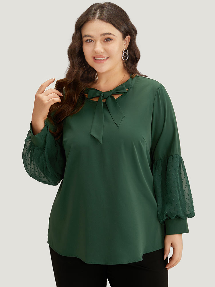 Plus Size Women Work Plain Texture Lantern Sleeve Long Sleeve Tie Neck Office Blouses BloomChic 
