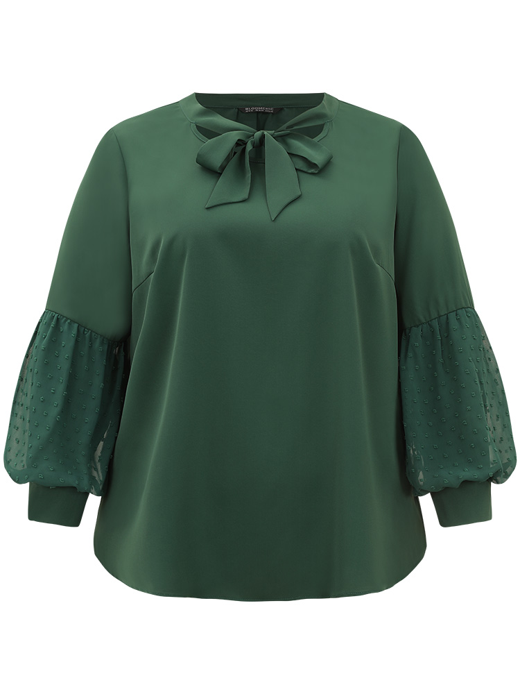 Plus Size Women Work Plain Texture Lantern Sleeve Long Sleeve Tie Neck Office Blouses BloomChic 