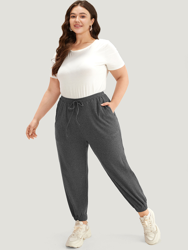 

Rib Knit Elastic Waist Drawstring Sweatpants DimGray Plus Size Women Casual Dailywear Texture  Bloomchic