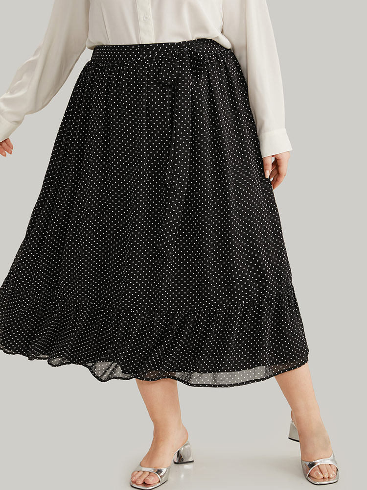 

Plus Size Polka Dot Bowknot Ties Ruffles Skirt Women Black Office Lined No stretch Work Skirts BloomChic