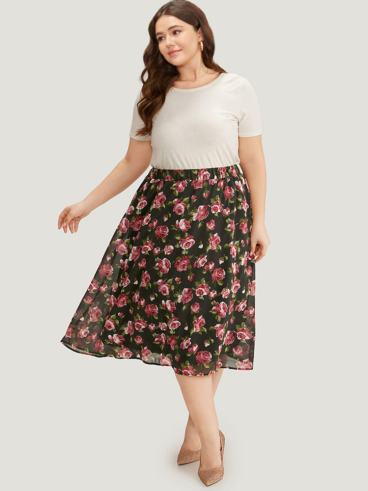 

Plus Size Floral Print Mesh Elastic Waist Skirt Women Black Elegant Lined No stretch Dailywear Skirts BloomChic