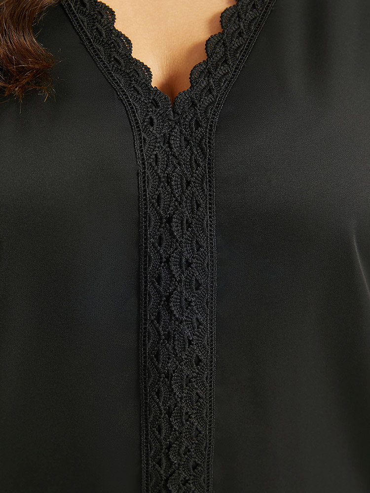 

Plus Size Black Lace Panel V Neck Shirred Mesh Blouse Women Glamour Long Sleeve V-neck Going out Blouses BloomChic